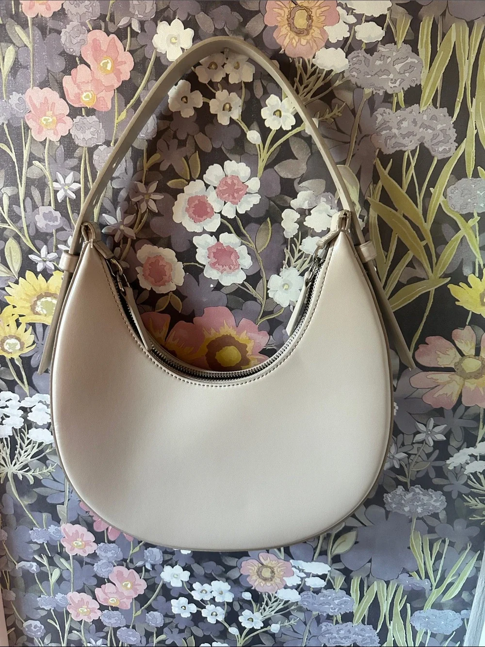 Charles & Keith Cream Crescent Shoulder Bag with Curved Silhouette